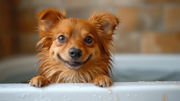 Wet small dog peeking over the edge of a bathtub