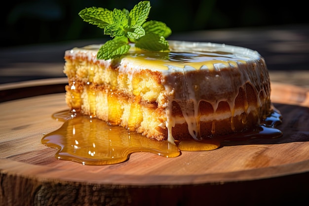 Photo wet sponge cake layered honey tart mirror glaze cake honey dessert with white cream