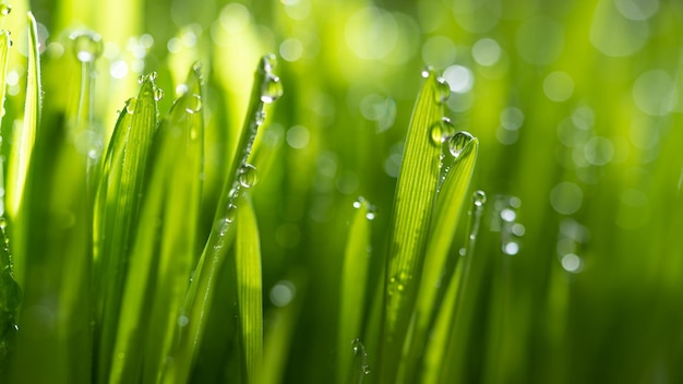 Wet spring green grass backround with dew lawn natural