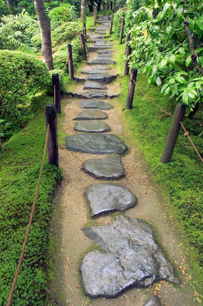 Wet stone pathway in Japanese Zen garden  by summer