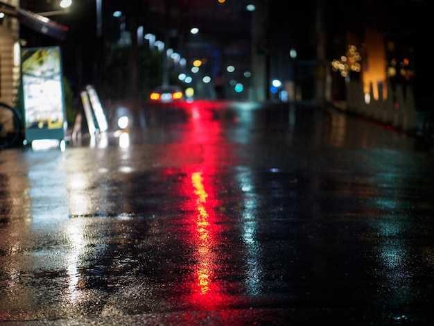 Wet street in city at night during rainy season