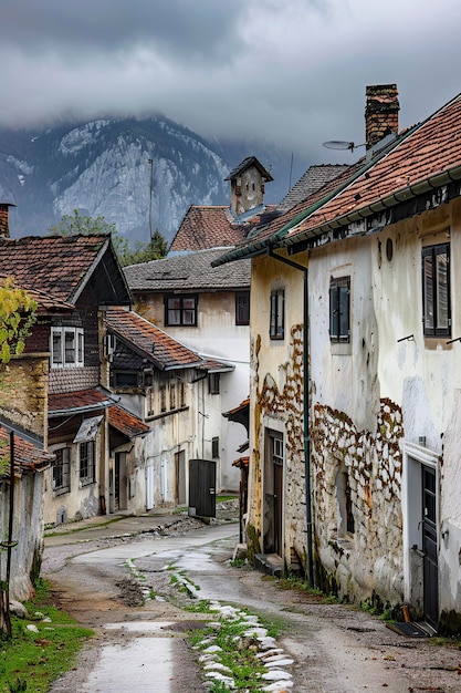 Wet Street Lined With Old Buildings and Mountains