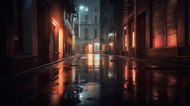 A wet street at night with buildings in the background Generative AI image