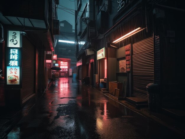 A wet street at night with neon signs Generative AI image