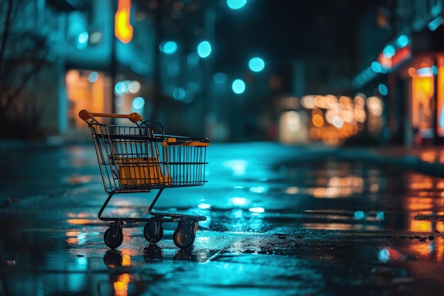 Wet Street at Night With Shopping Cart