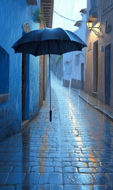 A wet street with a blue wall and a black umbrella