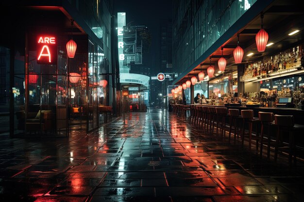 Photo a wet street with a neon sign that says  neon