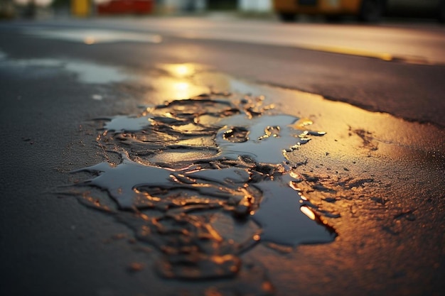 Photo a wet street with a puddle of water and a yellow truck