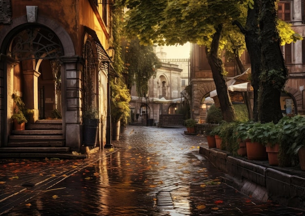 Photo wet street with tables and umbrellas on a rainy day