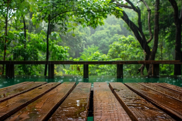 Photo wet table pool mockup wooden background space by hotel swimming pool bar in heavy rain copy space