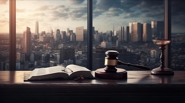 Wet thema hamer van rechter houten hamer schaal van rechtvaardigheid juridisch boek op tafel in rechtszaal met uitzicht op de stad backgroundgenerative ai