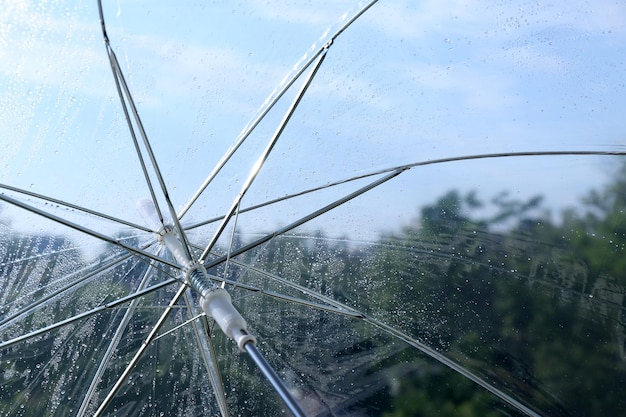 Wet transparent umbrella on sky background