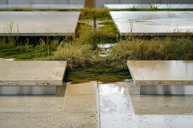 a wet walkway with concrete blocks and grass on it