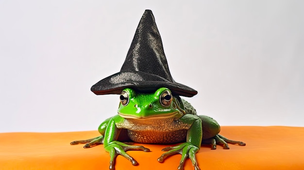 Photo wet and warty a halloween frog in a witch hat isolated on a white background closeup image of a