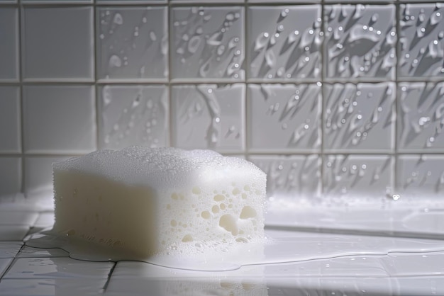 Wet white sponge in bathroom