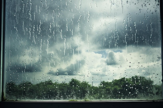 Wet window of house against sky during rainy season