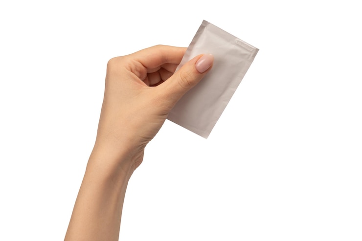 Photo wet wipe in a woman hand isolated on a white background copy space
