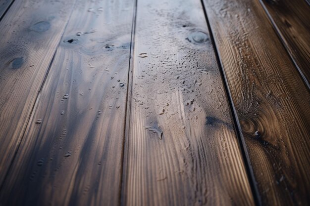 Foto la superficie di legno bagnata sfondio di tavolo in legno con gocce d'acqua piovana illustrazione generativa di ai