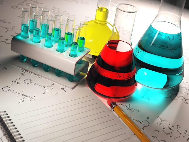 Foto wetenschap chemie concept laboratorium reageerbuizen en kolven met gekleurde vloeistoffen 3d