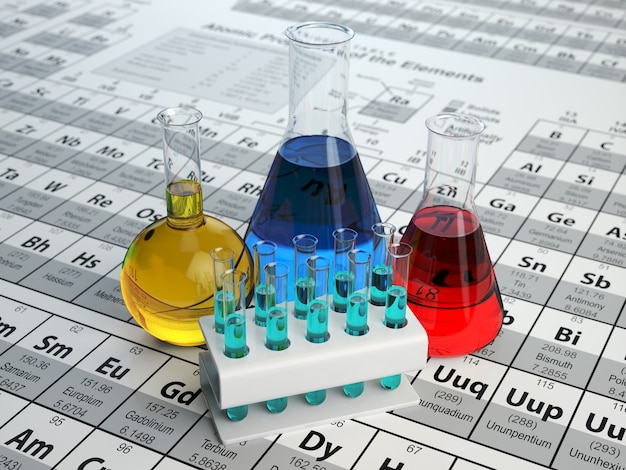 Wetenschap chemie concept. Laboratoriumreageerbuizen en kolven met gekleurde vloeistoffen op het periodiek systeem der elementen. 3d illustratie