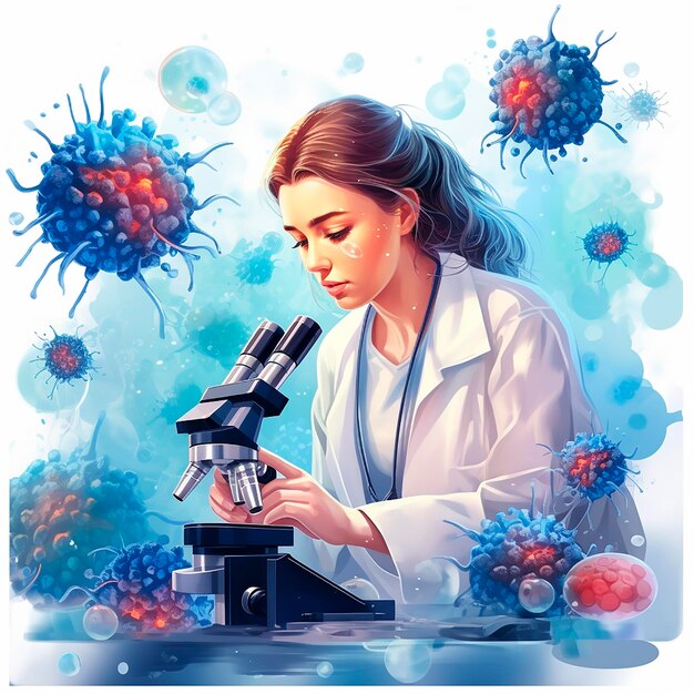 Wetenschappelijke arts vrouw in een witte jas en masker onderzoekt micro-organisme onder een microscoop