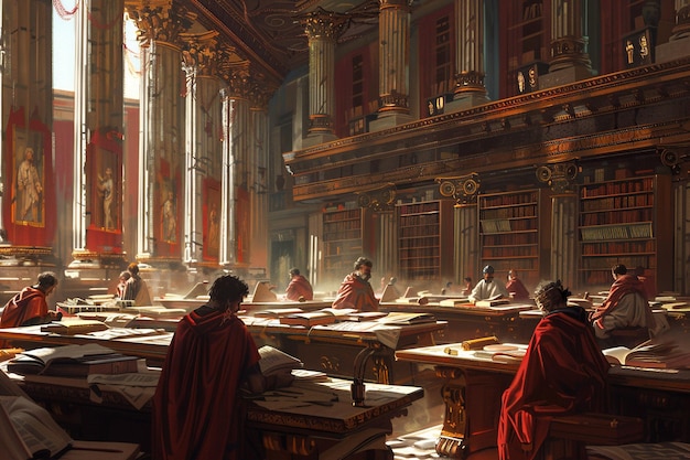 Wetenschappelijke bezigheden in een bibliotheek van het Romeinse Rijk