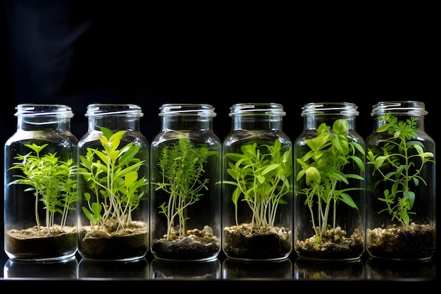 Wetenschappelijke experimenten jonge planten gekweekt in glazen potten voor ecologisch onderzoek Concept Ecologisch onderzoek Plantenteelt Glas potten experimenten