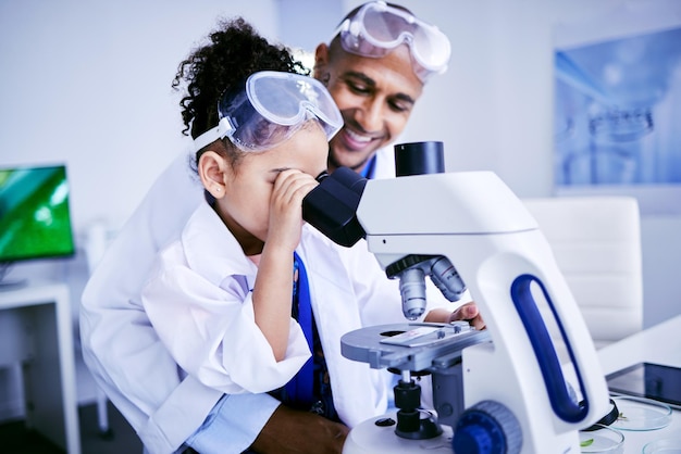 Wetenschappelijke microscoop en vader met kind in het laboratorium voor medisch onderzoek chemie en onderwijs Gezondheidszorg gezin en wetenschapper met meisje controleer apparatuur voor kennis leren en onderwijzen