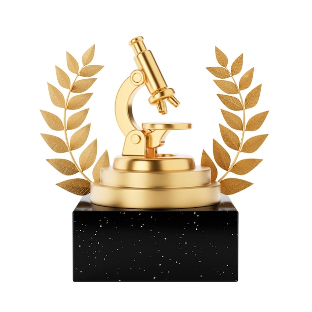 Wetenschappelijke prestatie Concept Gouden Microscoop Trofee met Laurel Wreath 3D Rendering