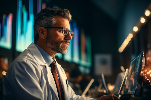 Foto wetenschapper die computer in laboratoriumgeneratieve ai onderzoekt