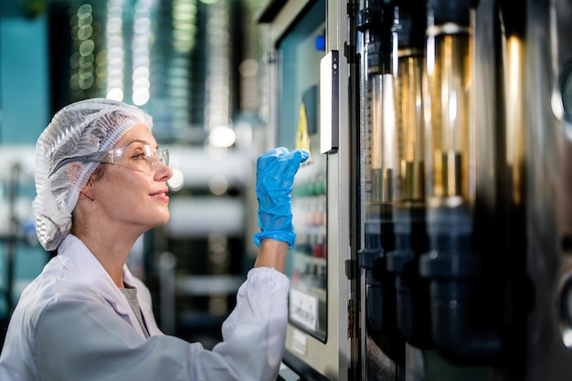 Foto wetenschapper die het besturingspaneel van het machinesysteem in de industriële fabriek controleert en bewaakt