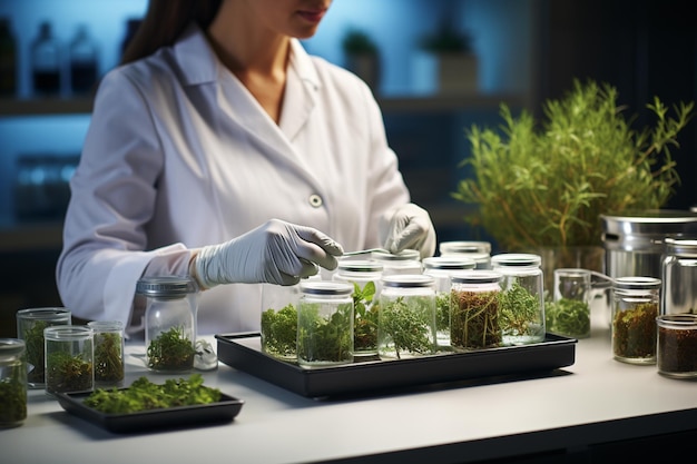 Foto wetenschapper die met planten in het laboratorium werkt biotechnologie biochemie genetica en medisch onderzoek