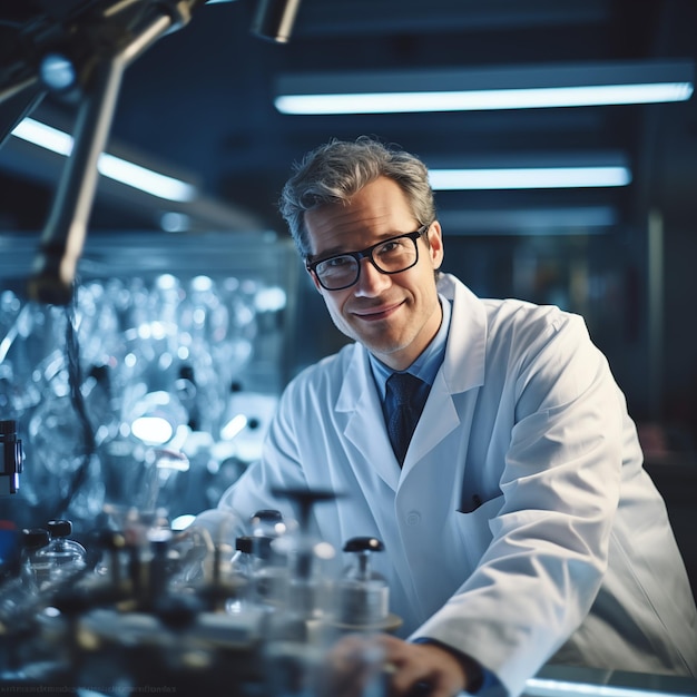 Foto wetenschapper in een witte labjas onderzoek met een microscoop in het laboratorium