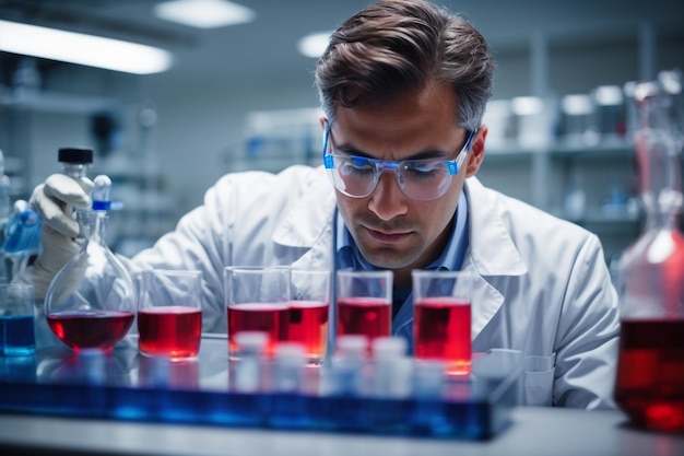 Wetenschapper in het laboratorium die stoffen analyseert premium Kwaliteitsbehang downloaden
