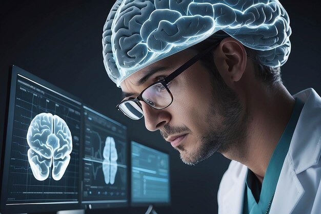 Wetenschapper met een bril die naar een scherm kijkt met medische hersengegevens