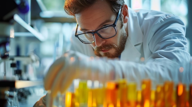 Foto wetenschapper observeert vloeistof in laboratoriumjas