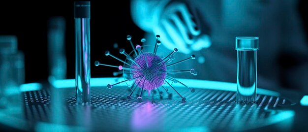Wetenschappers die het ernstige coronavirus bestuderen Farmaceutische wetenschappelijke onderzoeksachtergrond AI Generatief