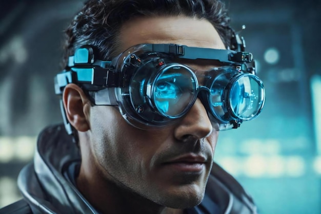 Foto wetenschappers dragen technologische bril bril om de toekomst te zien generatieve ai