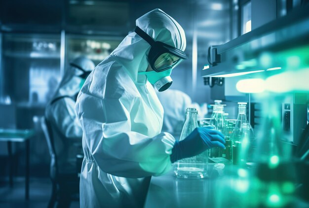 Wetenschappers gekleed in overalls handschoenen en bril in een laboratorium