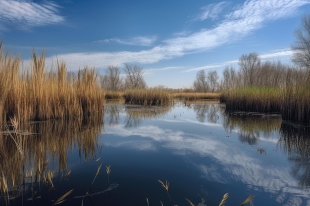 Wetland met hoog riet en reflecties van de lucht in het water gecreëerd met generatieve AI