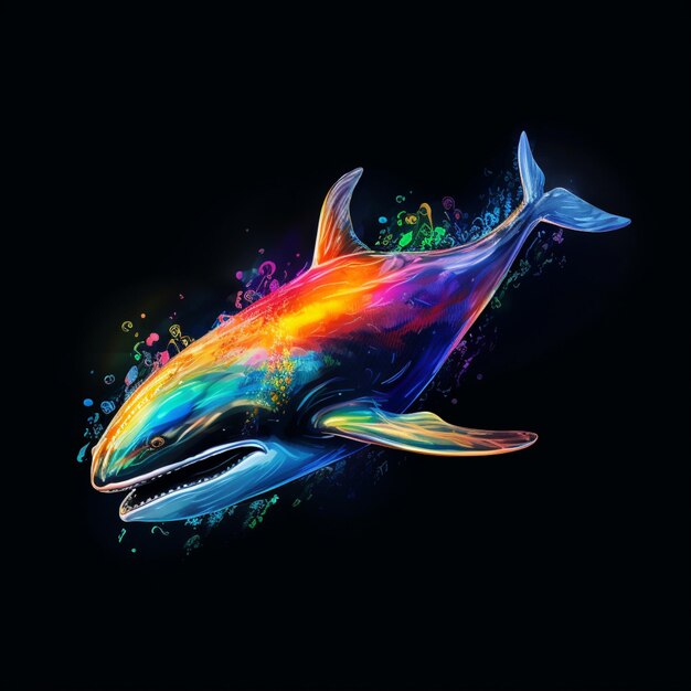 Photo whale abstract neon multicolored portrait of a whale on a dark background generative ai