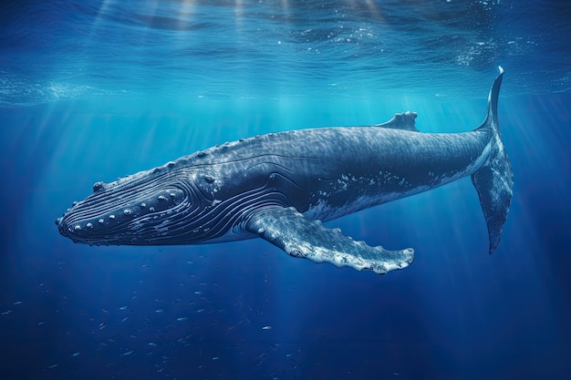 Whale in the blue sea Underwater scene 3d rendering Humpback whale swimming in deep blue ocean Underwater photography AI Generated