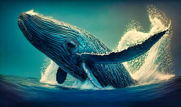 A whale breaching in the deep blue sea beyond the beach