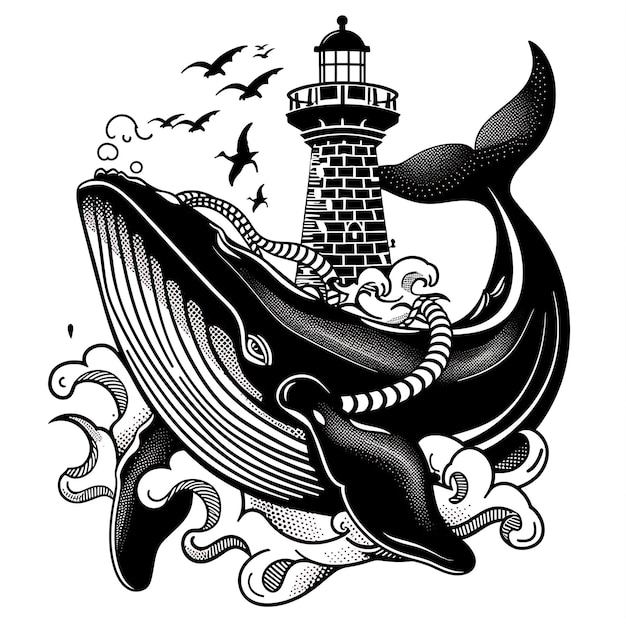 Whale CNC Cut Art With Sailors Knots and Lighthouses for Decora Tshirt Tattoo Print Art Design Ink