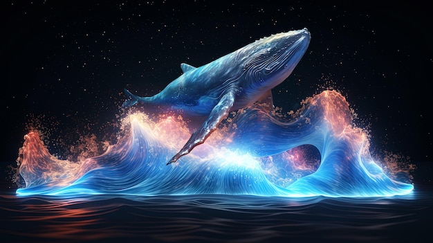 Whale fantasy landscape neon neon wave AI generation