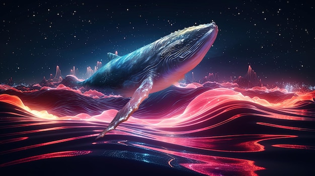 Китовый фэнтезийный пейзаж неон неоновая волна поколение AI