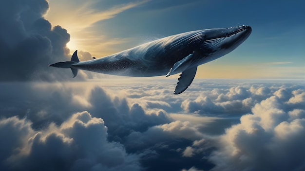 Photo a whale flying in the sky with the sun behind it