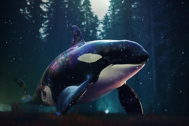 A whale in a forest with a dark background