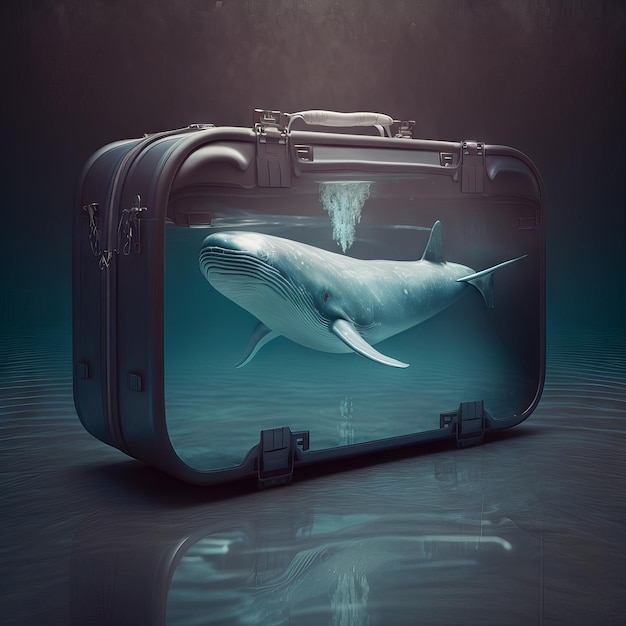 어두운 배경의 여행 가방 안에 있는 고래 Generative AI