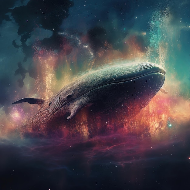 A whale is floating in the ocean with a colorful background.